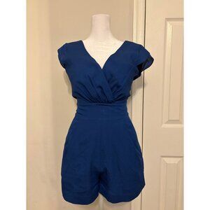 Bebe Blue Satin Romper XXS – Open Back with Bow, Pockets – Flawed
